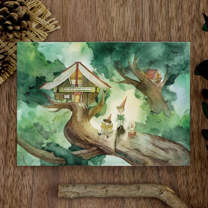 [Watercolor Illustration Postcard] The Tree House on the Top of the Tree - การ์ด/โปสการ์ด - กระดาษ สีเขียว