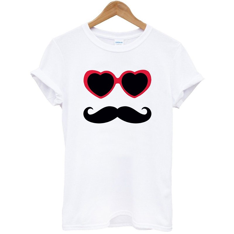 Sunglasses Mustache 短袖T恤 白色 眼鏡 鬍鬚 文青 藝術 設計 時髦 文創 時尚 - 男 T 恤 - 棉．麻 白色