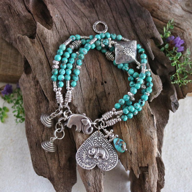 Ethnic Handmade Genuine Hubei Turquoise Elephant Bracelet with Karen Silver - Bracelets - Sterling Silver Blue