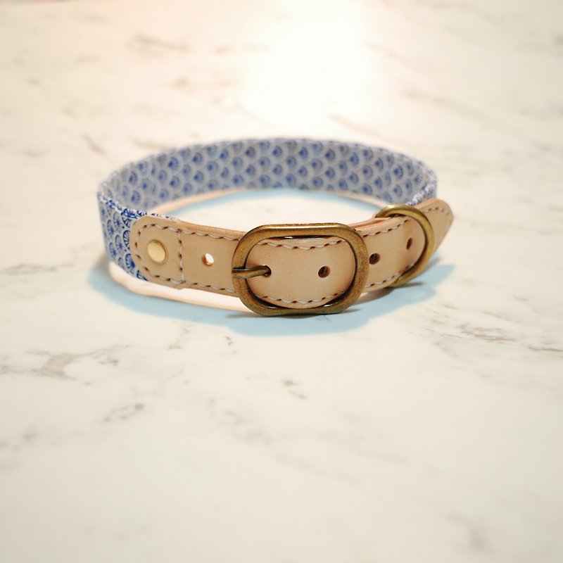 Dog Collar No. L Azure Blue Summer Style Tile Printed Totem with Bell - Collars & Leashes - Cotton & Hemp 