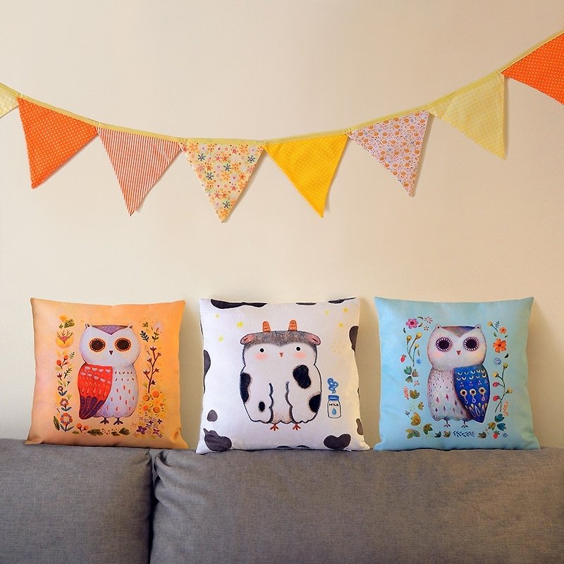 Hand-painted MIT cow, four-season owl detachable square 40*40 pillow cushion interior decoration soft - หมอน - ไฟเบอร์อื่นๆ 