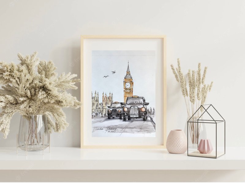 London painting Original art England UK Urban sketch A5 wall art Europe architec - Wall Décor - Paper Gray