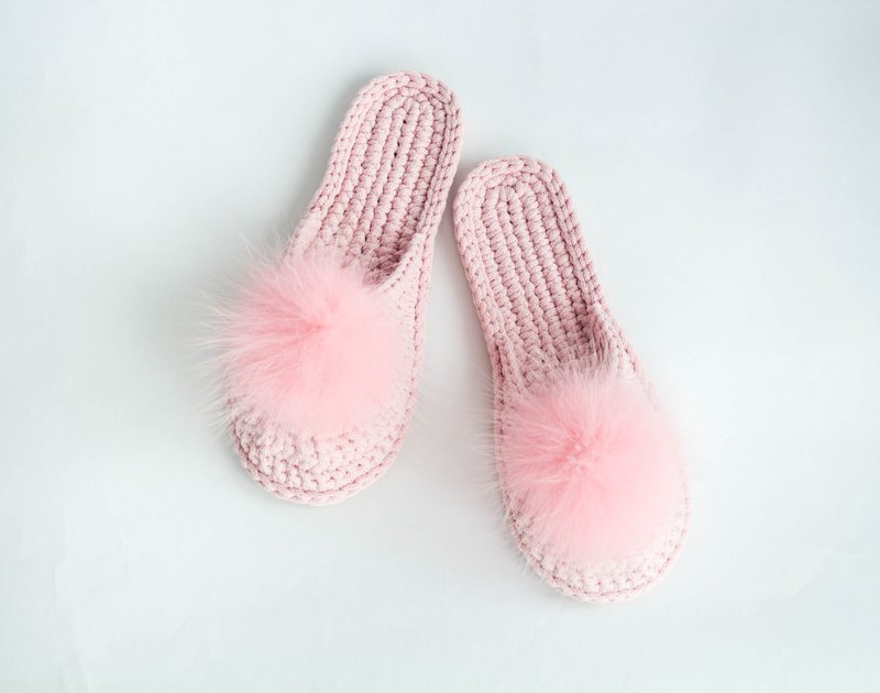 Wedding slippers - Knitted slippers - House shoes for women - Slippers - Cotton & Hemp Pink