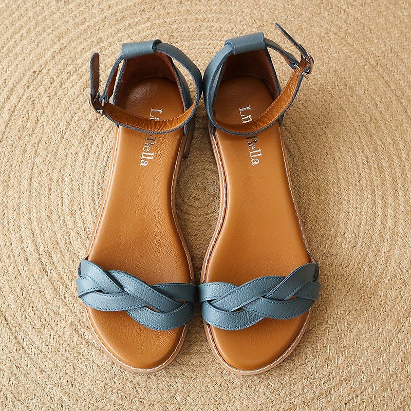 【織夏】一字編織全真皮涼鞋-深藍 - 涼鞋 - 真皮 藍色