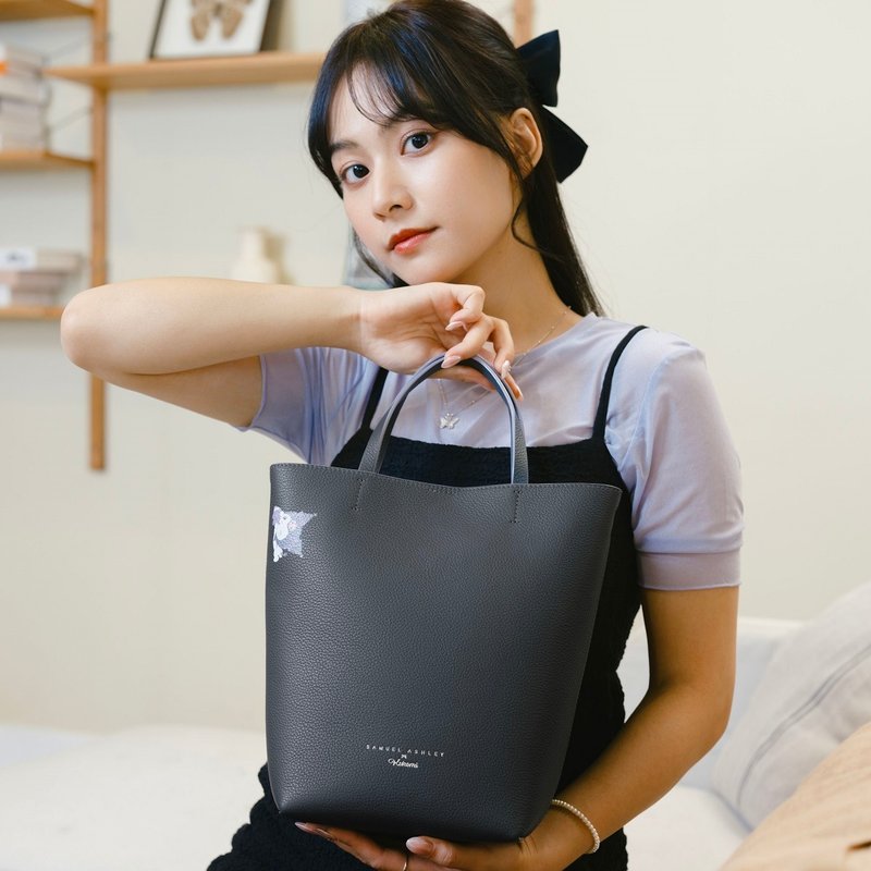 【CROSSOVER】Samuel Ashley x Kuromi Leather Shopping Bag - Dark Grey - Handbags & Totes - Genuine Leather Gray