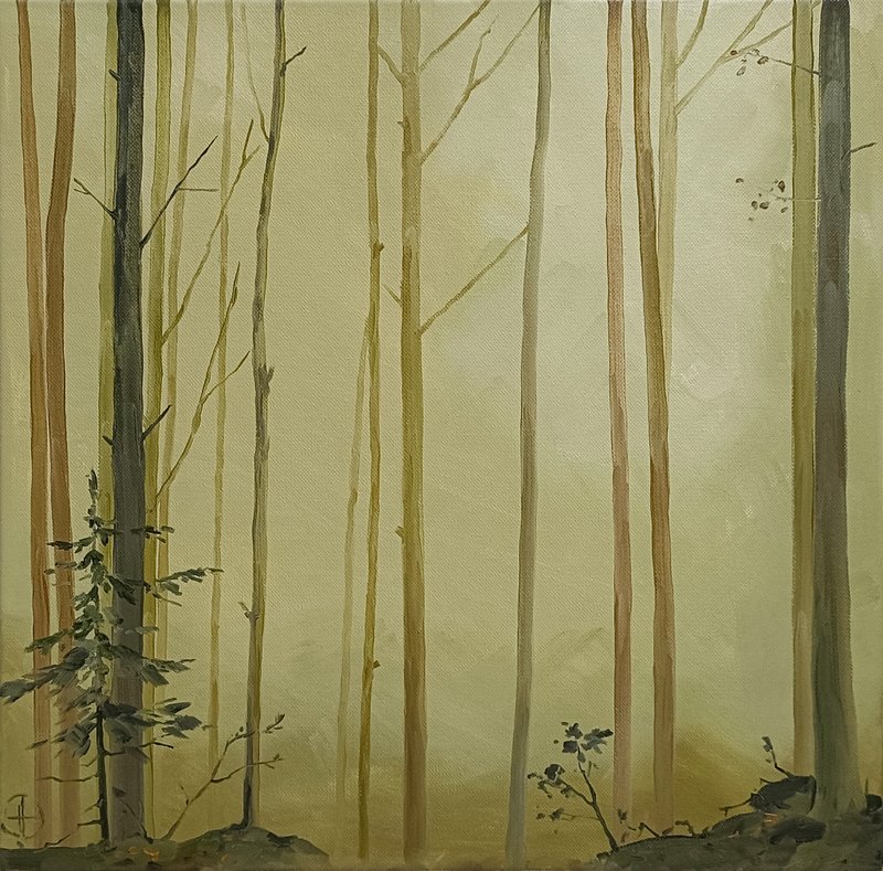 Smoky Forest Oil Painting on Canvas Pine Trees Landscape Art by Nadya Ya - 海報/掛畫/掛布 - 其他材質 綠色