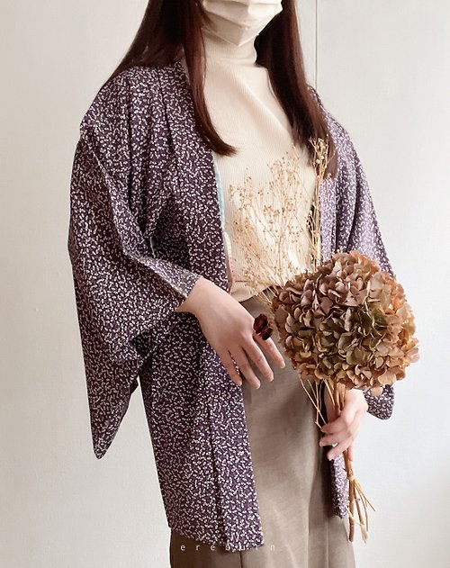 REreburn 日本製和風印花紫色薄款古著羽織和服外套