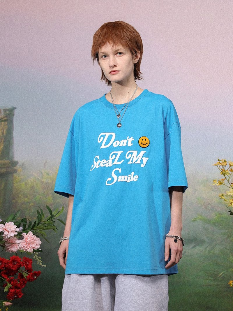UNVESNO不要偷走我的笑臉字母印花藍色毛巾繡短袖T恤圓領SWS-1547 - 男 T 恤 - 棉．麻 藍色