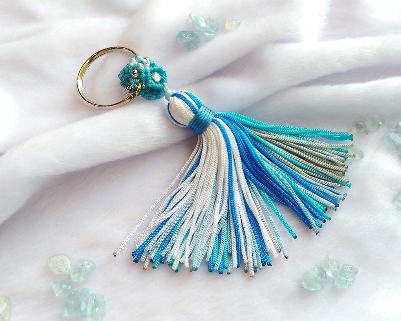 C011-Hand-woven beaded key ring marine blue small tassel - Keychains - Nylon Blue