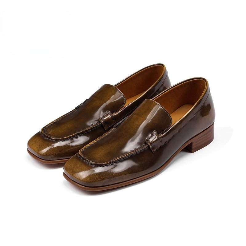 Gradient Brown lazy loafers with cowhide lining and sheepskin square toe genuine leather shoes 35-39 - รองเท้าหนังผู้หญิง - หนังแท้ สีนำ้ตาล