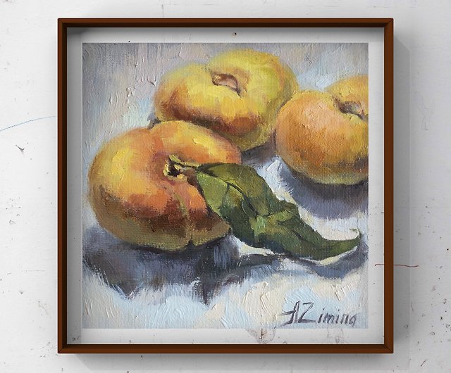 桃の絵、フルーツの油絵の静物、キッチンのミニ油絵 - ショップ Oil 
