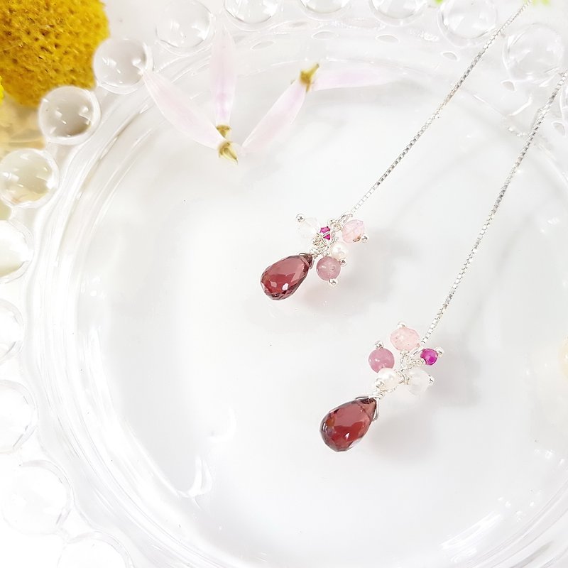 Elegant chick series - Raspberry Stone sterling silver chain ear Garnet January Birthstone - Earrings & Clip-ons - Gemstone Red