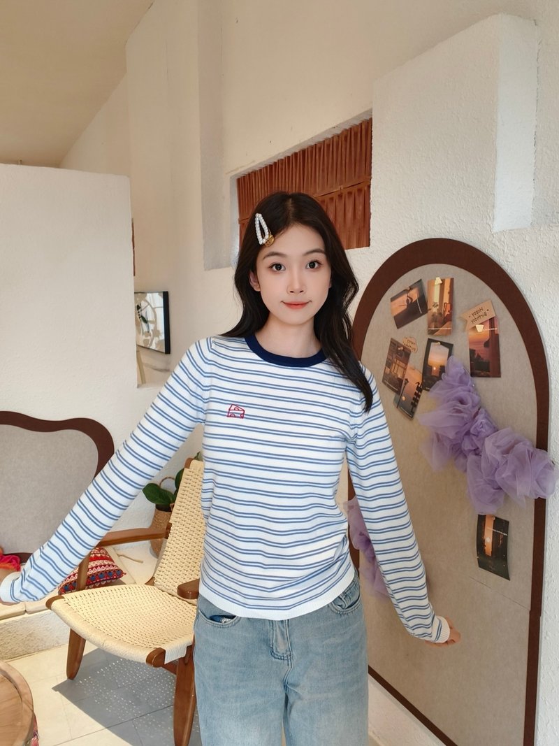 Blue striped slim-fit long-sleeved sweater - Women's Tops - Cotton & Hemp 