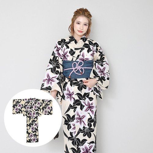 fuukakimono 日本 和服 女性 兩件式 浴衣 腰封 套組 F size x23h-07