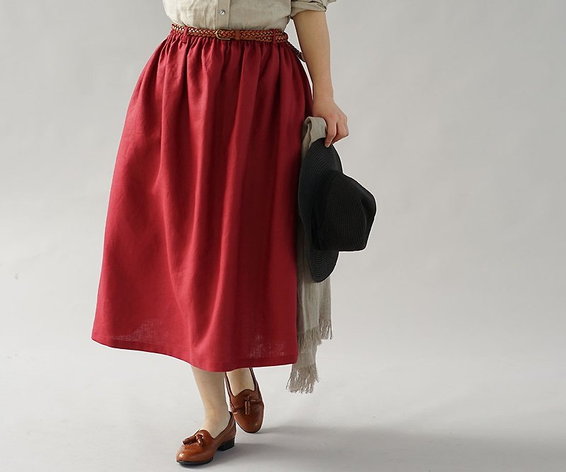 wafu  linen skirt / long length / elastic waist / ruby red  sk4-106 - Skirts - Cotton & Hemp Red