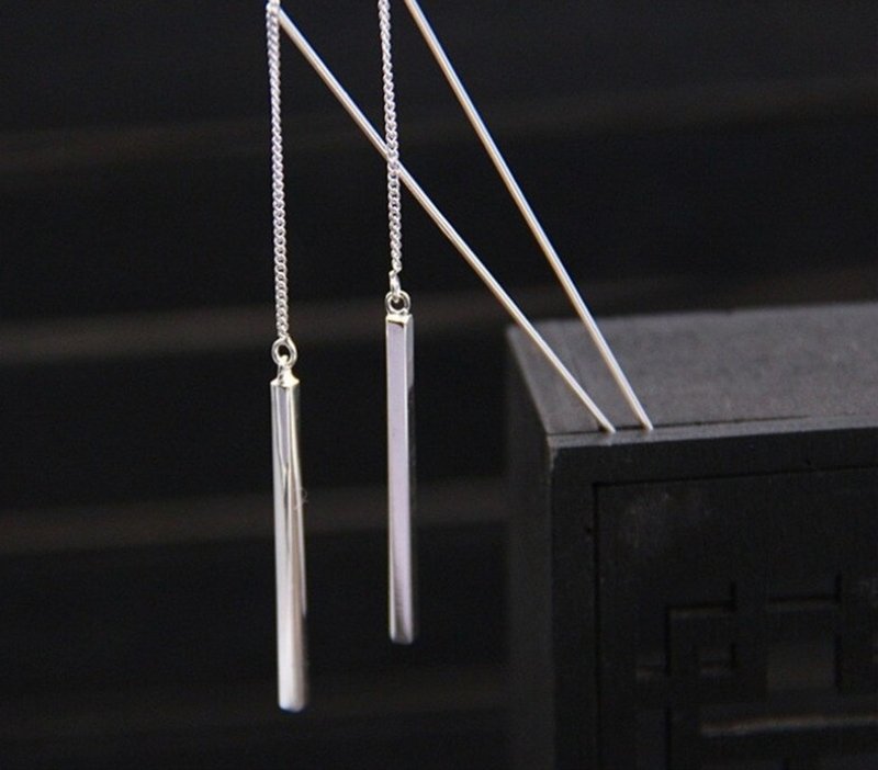 Real 925 Sterling Silver Simple Strip Tassels Dangle Earrings for Women Fashion - ต่างหู - เงินแท้ สีเงิน