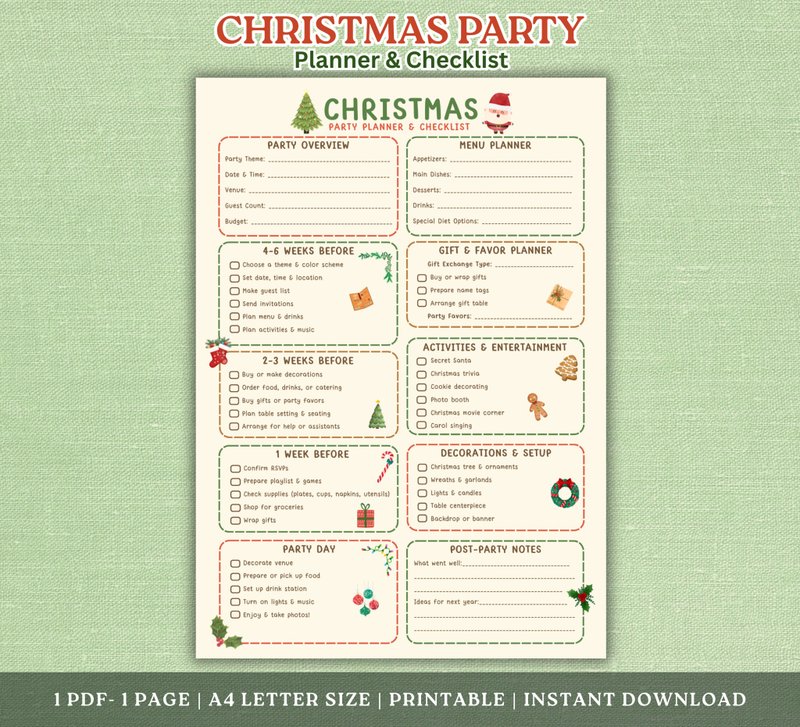 Printable Christmas Party Planner: Holiday Organizer Checklist (A4 PDF) - 電子手帳及素材 - 其他材質 