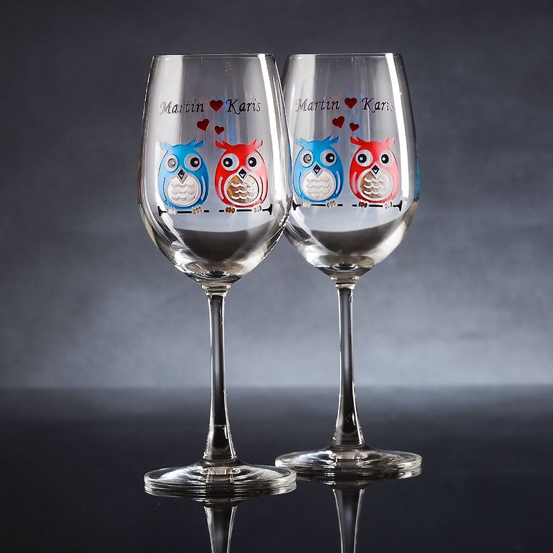 My Crystal Red Wine Glasses - Owls ( including casting & coloring names & date ) - Bar Glasses & Drinkware - Glass Multicolor