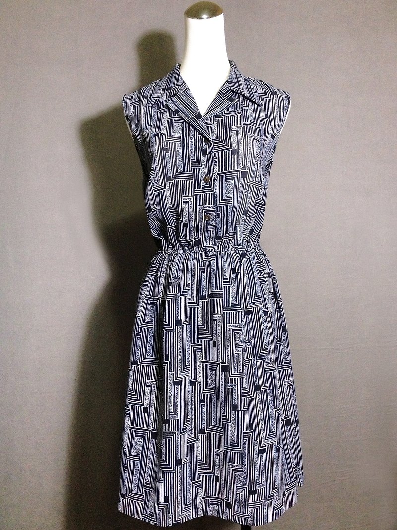 Ping-pong vintage [vintage shirt / Nippon geometric totem sleeveless chiffon vintage dress] abroad back VINTAGE - ชุดเดรส - วัสดุอื่นๆ สีน้ำเงิน