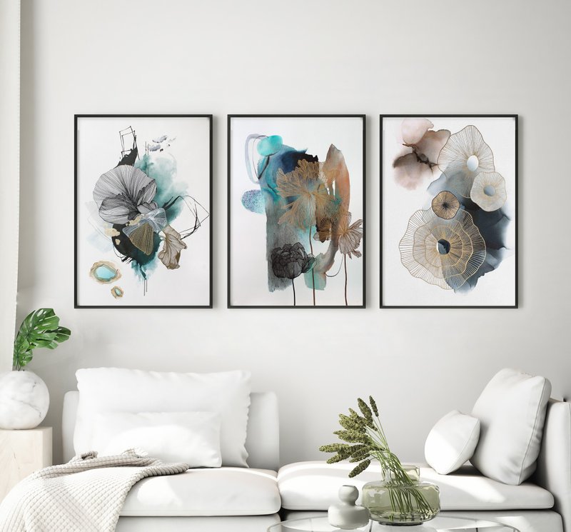 Alcohol Ink Paintings Original | Concord 5 Thincord Golden Molecules Set of 3 - 壁貼/牆壁裝飾 - 棉．麻 藍色