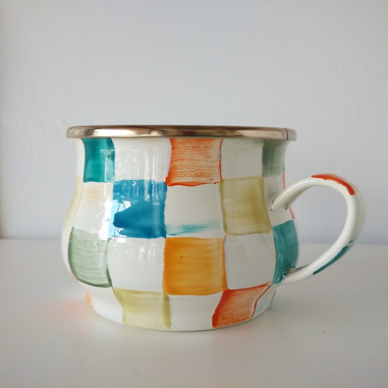 彩色格紋彩繪琺瑯杯 附手作禮物包裝|400ml - 咖啡杯/馬克杯 - 琺瑯 多色