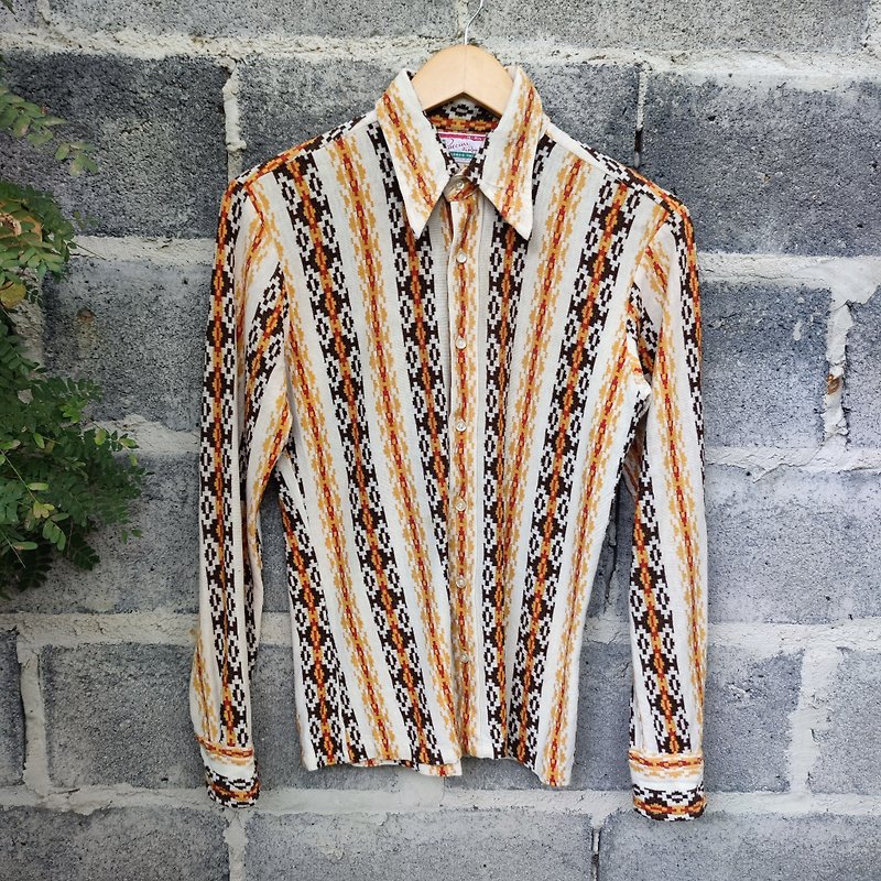 Vintage 70s Puccini De Roma Geometric Knit Long Sleeve Polyester Blend Shirt - 男襯衫/休閒襯衫 - 棉．麻 咖啡色