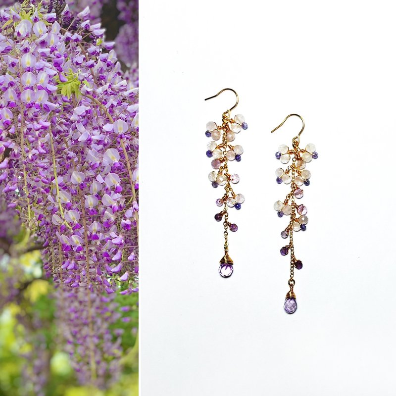 【Ruosang】【Sui Stone Ji】Wisteria/White Vine Wisteria. Amethyst earrings/February birthstone - ต่างหู - เครื่องเพชรพลอย สีม่วง