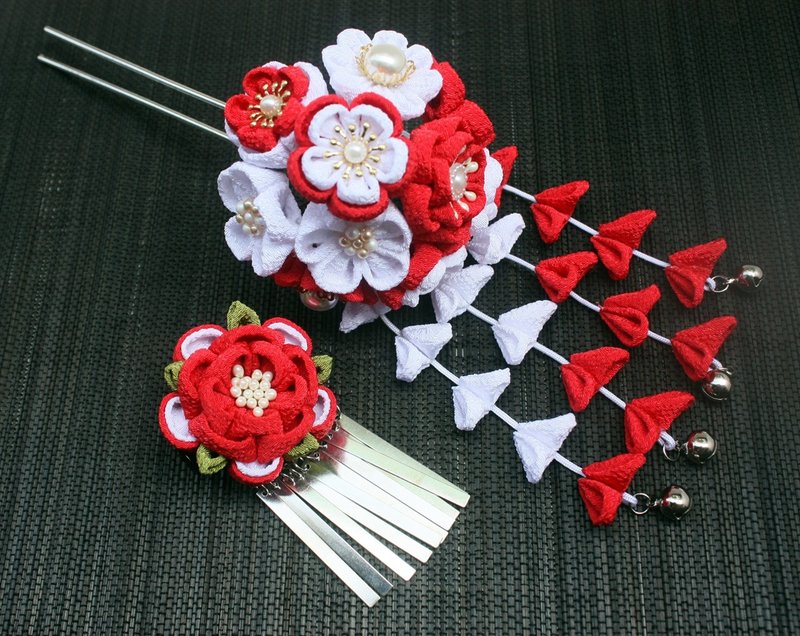 [Charlene Design]つまみ細工、和風花簪套簪(下單後開始製作) - 髮夾/髮圈 - 絲．絹 