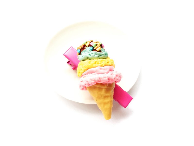 Hair clip, mixed ice cream, dark pink hair clip - 髮夾/髮圈 - 黏土 粉紅色