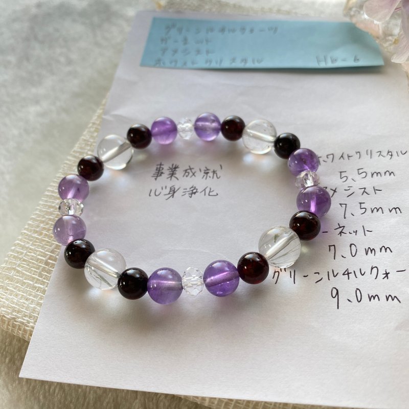 紫晶 白晶 石榴石 天然礦石 能量 手作禮物 日本製 水晶手鍊 - 手鍊/手環 - 水晶 