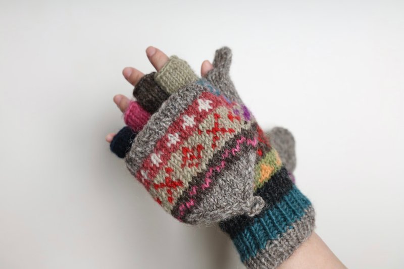 翻蓋手套費爾島民族圖騰灰色純羊毛線手工編織搖粒絨內襯|北歐風 - 手套 - 羊毛 灰色