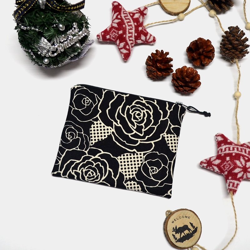 Rose on black Small Zippered Bag / Catch All Bag stores charger cords/ cosmetic  - Toiletry Bags & Pouches - Cotton & Hemp Black