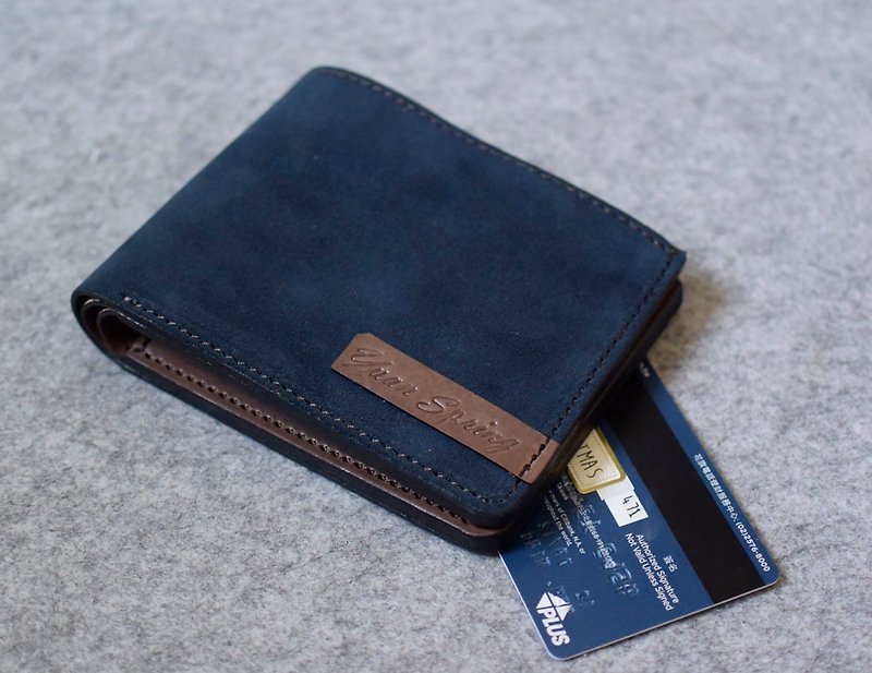 YOURS 8 card + double banknote + double inner bag dark blue suede + dark wood leather - Wallets - Genuine Leather 
