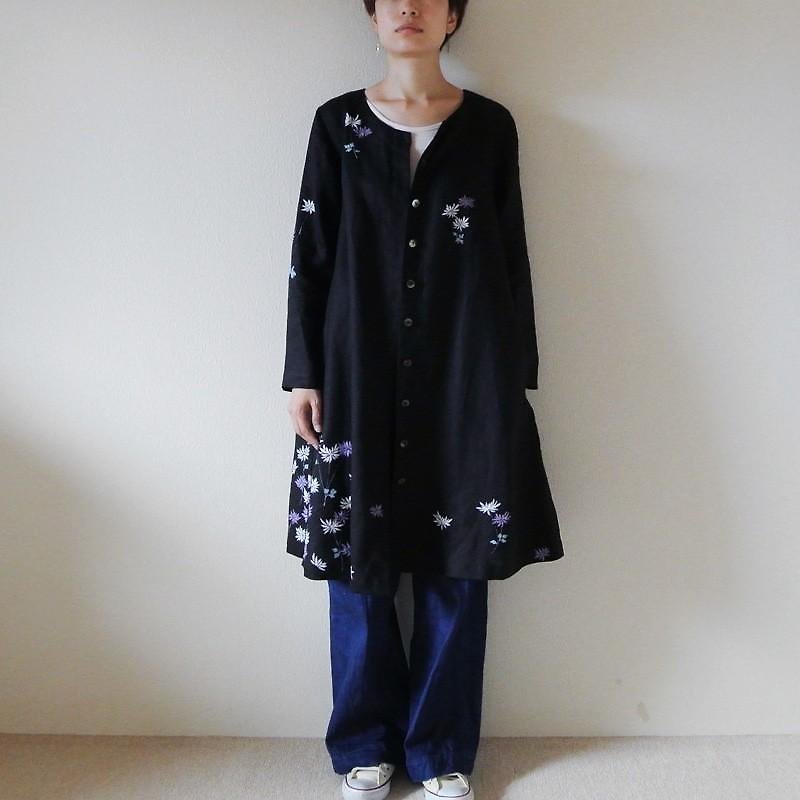 Linen Court One Piece Black <Kiku> - เสื้อแจ็คเก็ต - ผ้าฝ้าย/ผ้าลินิน สีดำ