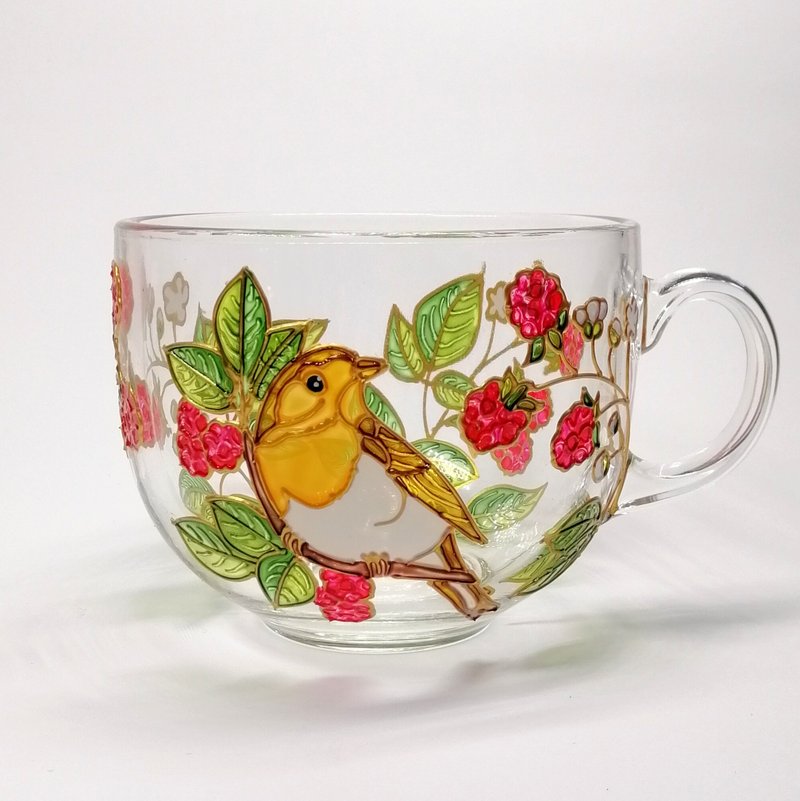 Bird coffee mug hand painted Raspberry breakfast mug Big glass mug personalised - แก้วมัค/แก้วกาแฟ - แก้ว สีเขียว