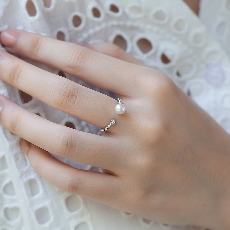 Akoya Japanese Seawater Pearl Diamond 18K Open Ring Belle Epoque Style - General Rings - Gemstone White