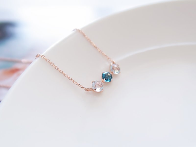 Valentine's Day Gift Aquamarine Stone 925 Sterling Silver 18K Rose Gold Necklace Free Packaging - สร้อยคอ - เงินแท้ สีน้ำเงิน