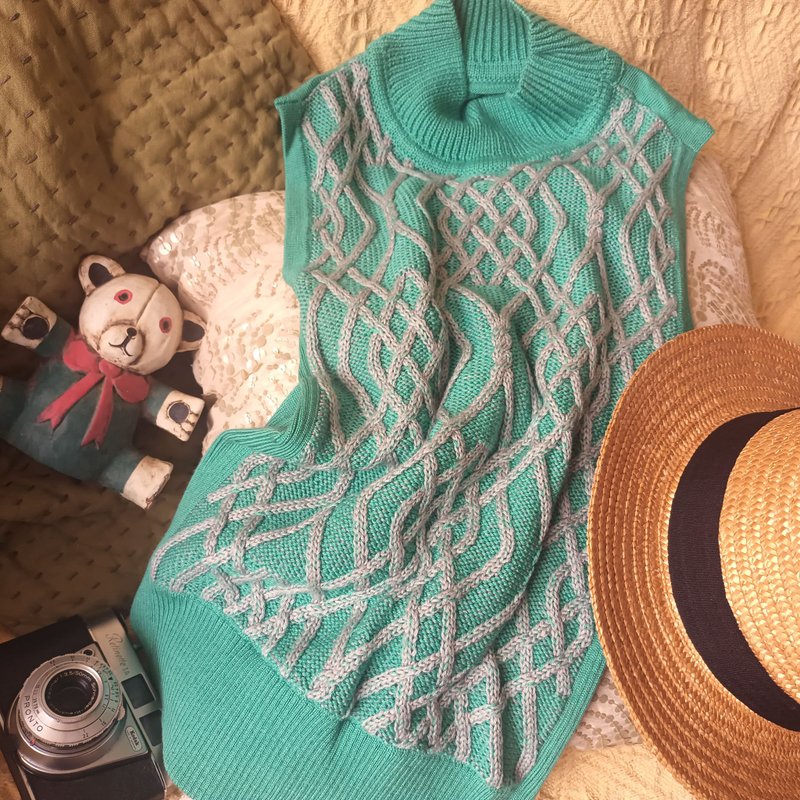防起球羊毛雙色扭花圖案個性時尚剪裁企領春夏背心 - 女毛衣/針織衫 - 羊毛 綠色