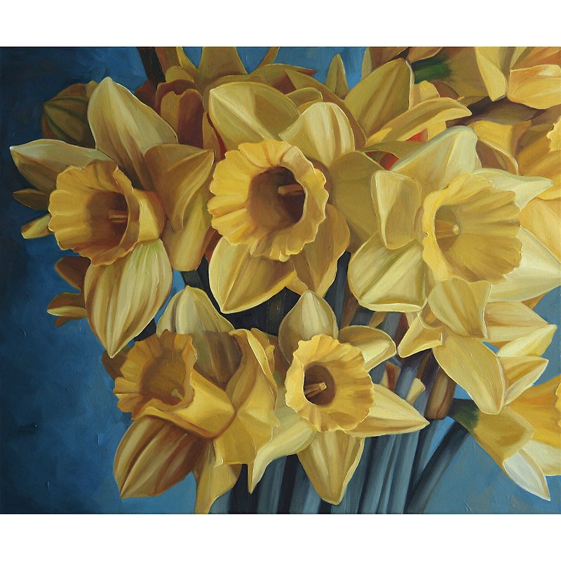 Daffodils bouquet Original Oil painting Flowers decor Floral art Wall art decor - ตกแต่งผนัง - โลหะ สีเหลือง