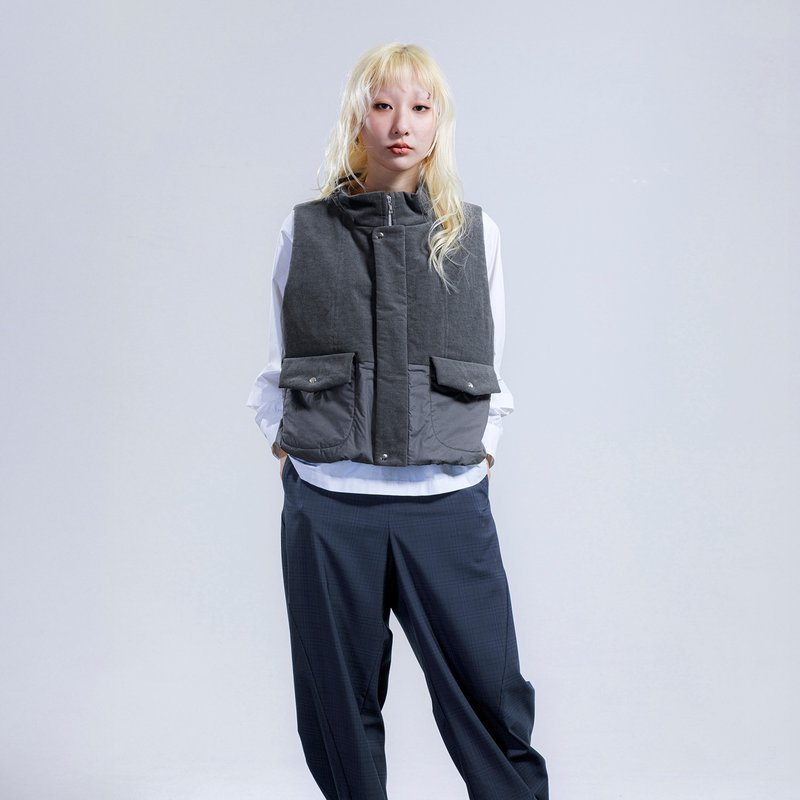 異素材使いスタンドカラー中綿ベスト - ベスト - その他の素材 グレー