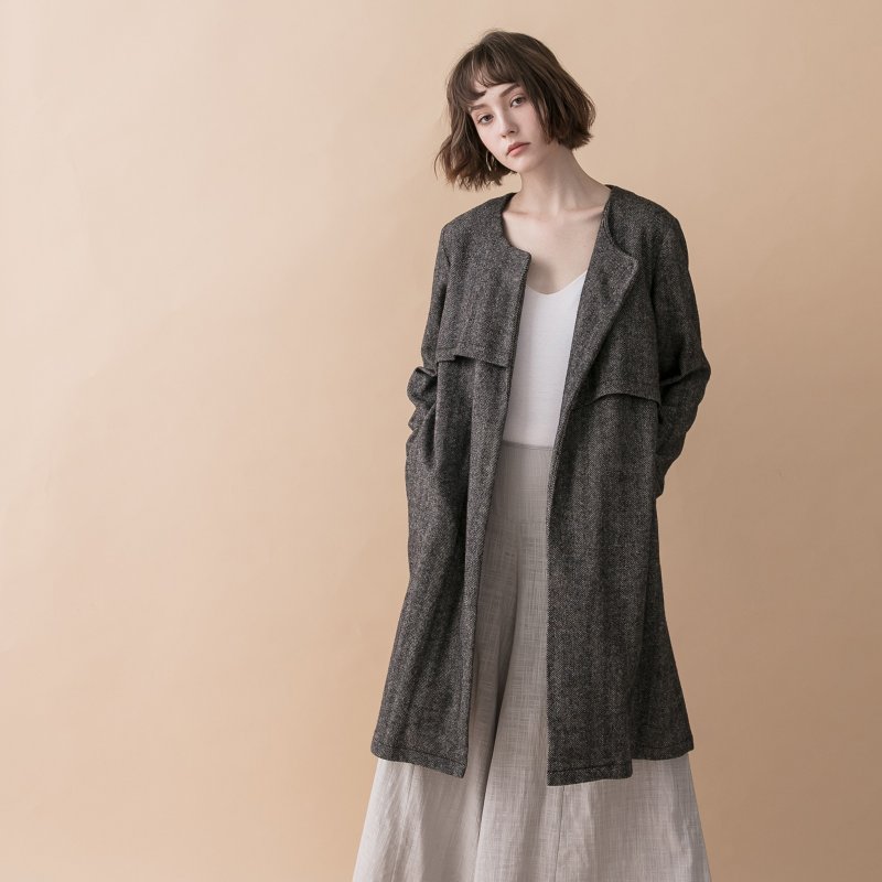 Trenchcoat-style collarless coat - herringbone pattern - เสื้อแจ็คเก็ต - ขนแกะ สีเทา