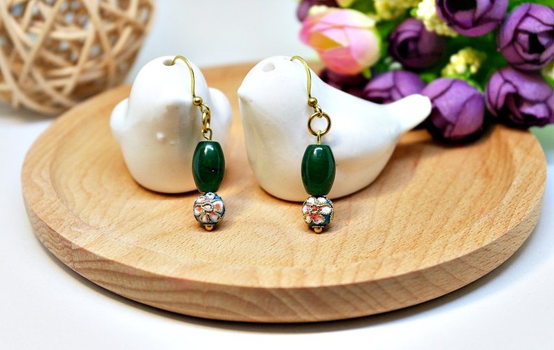 Brass barrel * X * natural stone - hook earrings ➪ Limited X1 - ต่างหู - เครื่องเพชรพลอย สีเขียว