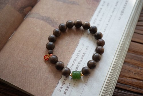 Angel's tears 天使之淚 Jewelry Design 10mm天然沈香珠/沉香珠 碧玉並蒂蓮純銀扎吉拉姆設計單圈手串s