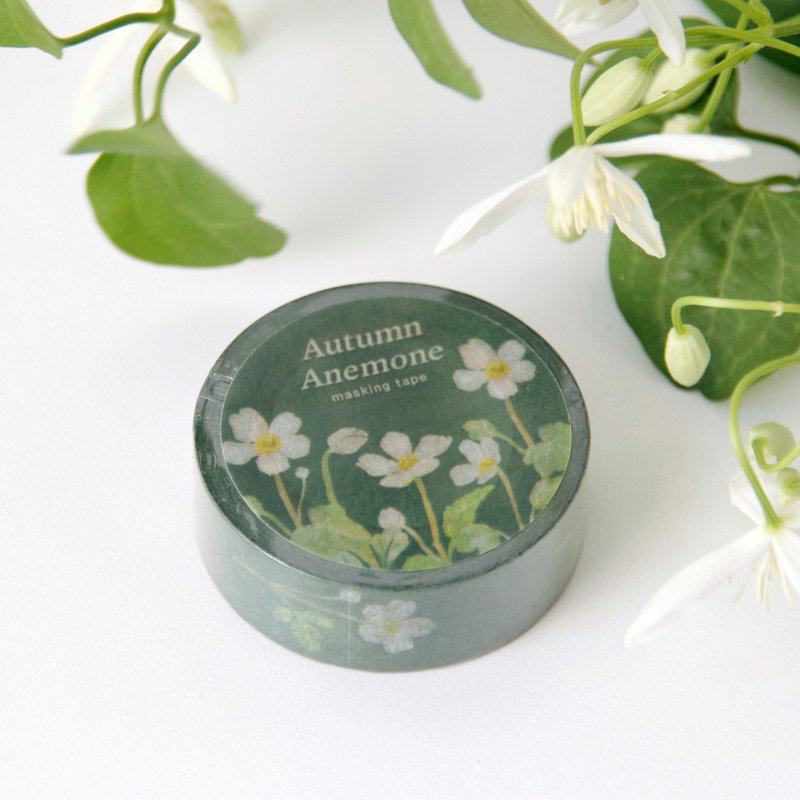 Autumn Anemone Masking Tape - 紙膠帶/和紙/PET - 紙 綠色