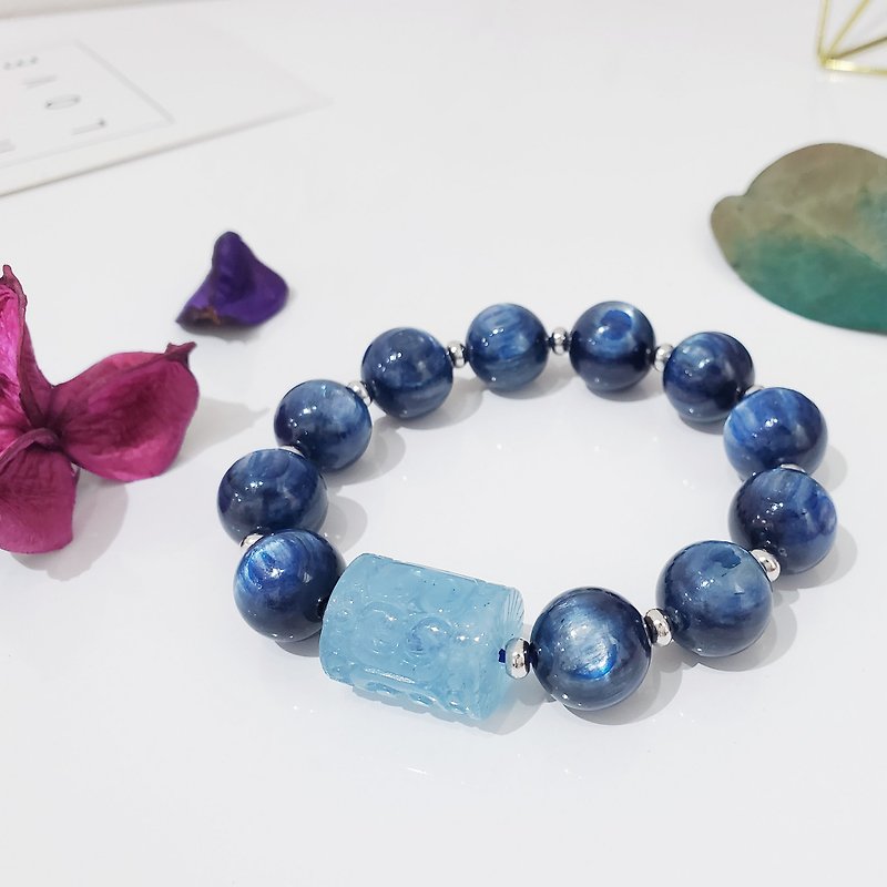 Only one piece of natural top deep kyanite, aquamarine, wisdom and wealth bracelet - สร้อยข้อมือ - เครื่องเพชรพลอย สีน้ำเงิน