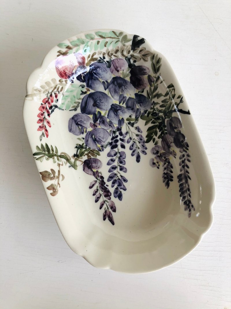 陶瓷 純手工繪製盤 花卉系列 紫藤花 水墨風作品 僅此一 件 - 盤子/餐盤/盤架 - 瓷 紫色