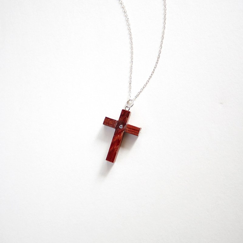 Handmade red sandalwood cross shape pendant with Sterling Silver Chain - สร้อยคอ - ไม้ สีนำ้ตาล