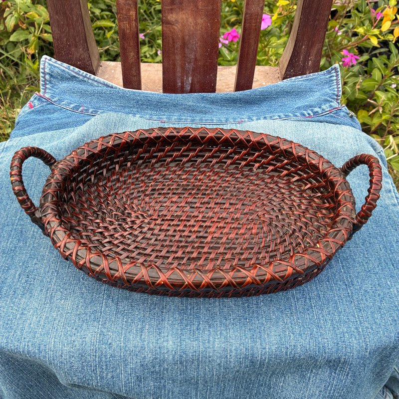 Vintage Japanese Handwoven Rattan Basket Tray – Takezaiku - 盤子/餐盤/盤架 - 其他材質 咖啡色