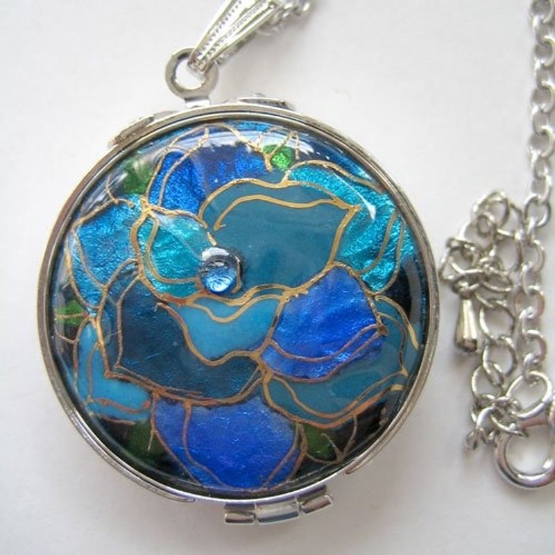 Rose-blue cloisonné magnifying glass pendant - Necklaces - Other Metals Blue