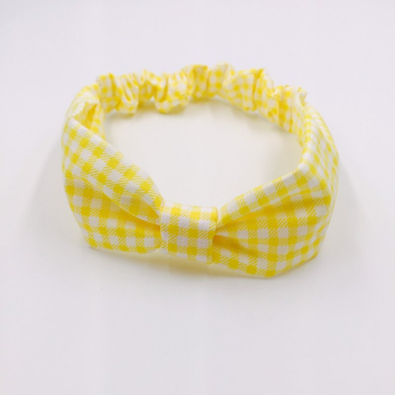 Summer yellow grid scratched hair band bow - หมวกเด็ก - ผ้าฝ้าย/ผ้าลินิน สีเหลือง